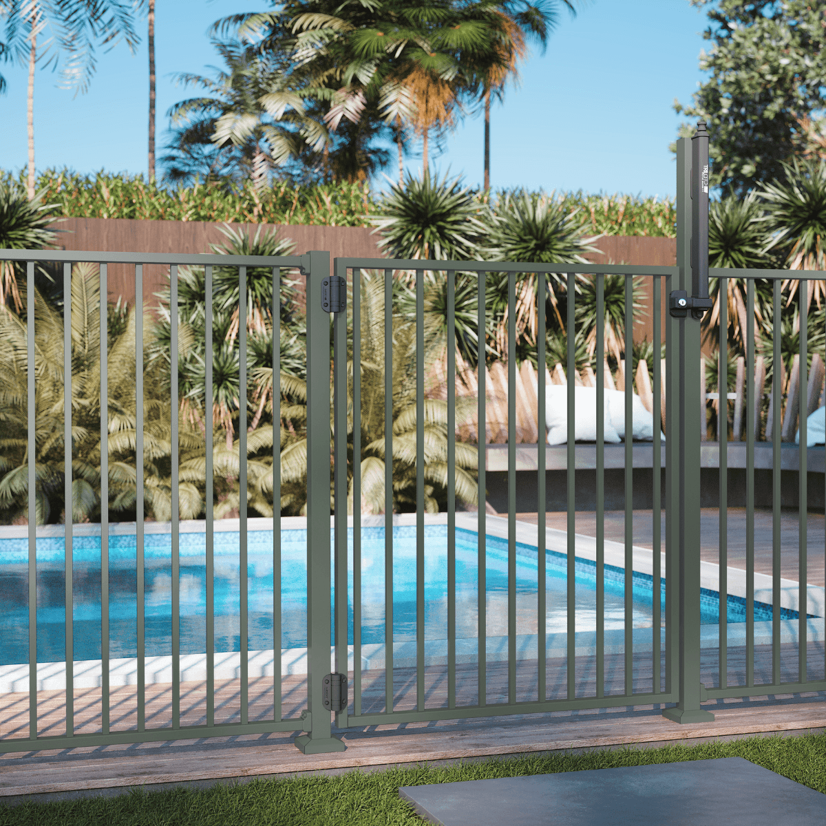 Flat Top Square Picket Pool Fence - Pale Eucalyptus